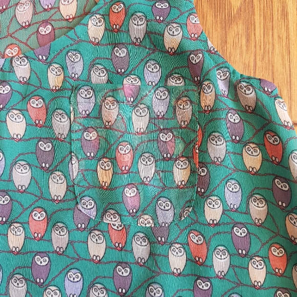 Blue Bird Sheer Green Owl Print Sheer Tank Pocket - Picture 3 of 10